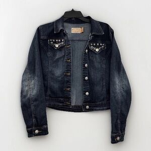 Elite Jeans USA Womens Medium Dark Wash Rhinestone Studded Denim Jean Jacket Y2K